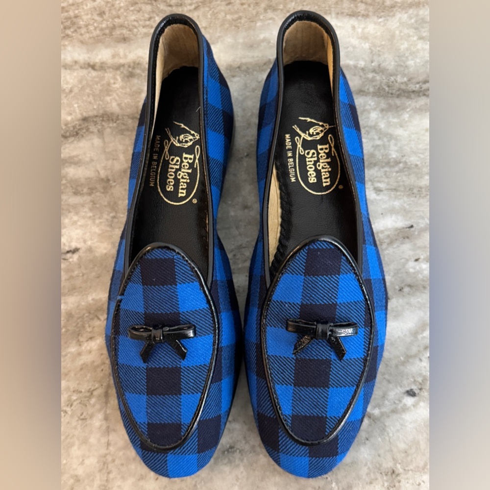 Belgian Shoes Midinette Blue Plaid Tartan Slippers Loafers Flats Sz 5